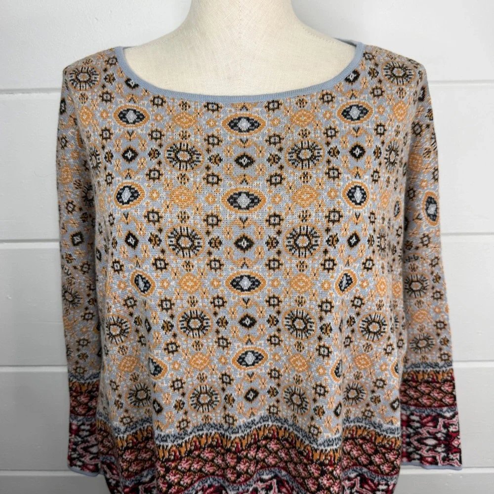 J Jill Large Linen Cotton Knit Sweater 3/4‎ Sleeve Boho Lagenlook Geometric